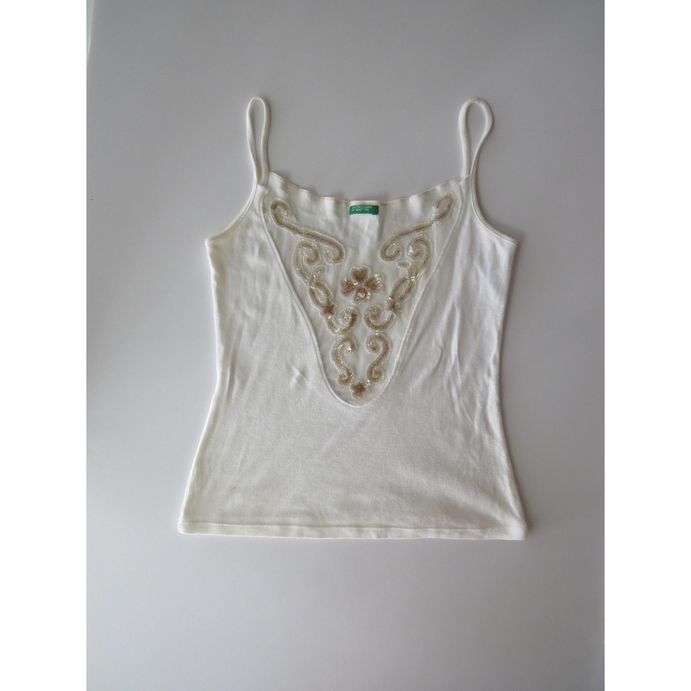 Vintage 00s Italian Benetton Beaded Tank Top, Sequined Mesh, 90s Made in Italy